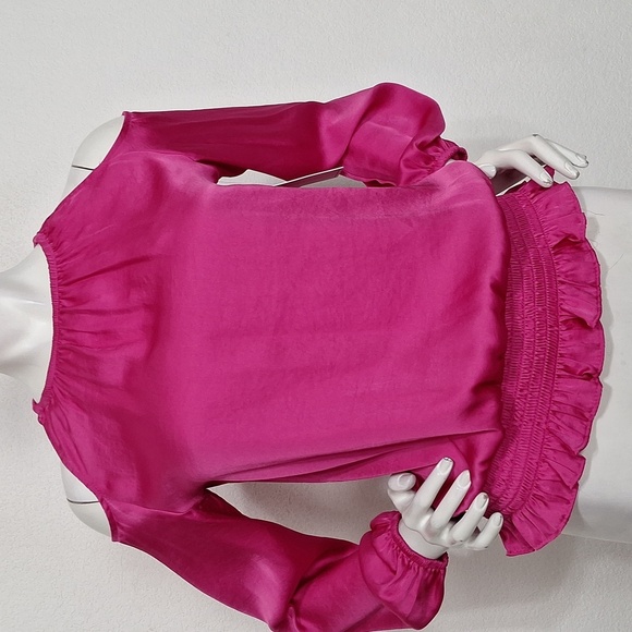 1. State 'NEW" Pink Coquette Romantic Smocked Satin Cold Shoulder Blouse Size XS - Picture 2 of 15